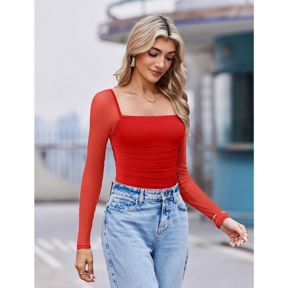 Women's Bodysuit Long Sleeve Neck Mesh Shirts Ruched Sexy Sheer Dark Red Tops - Picture 4 of 6